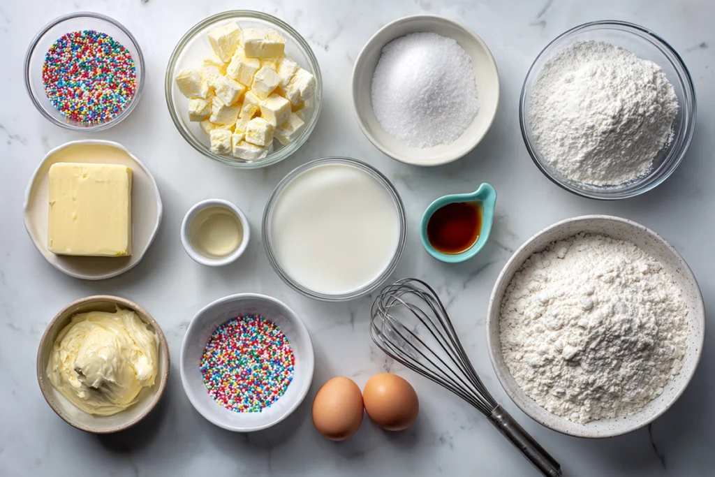 Overhead view of sugar cookie bars ingredients neatly arranged on a white counter in glass bowls