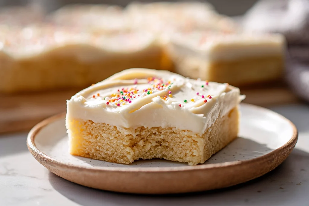 Close-up of soft Sugar Cookie Bars with frosting showing tender crumb