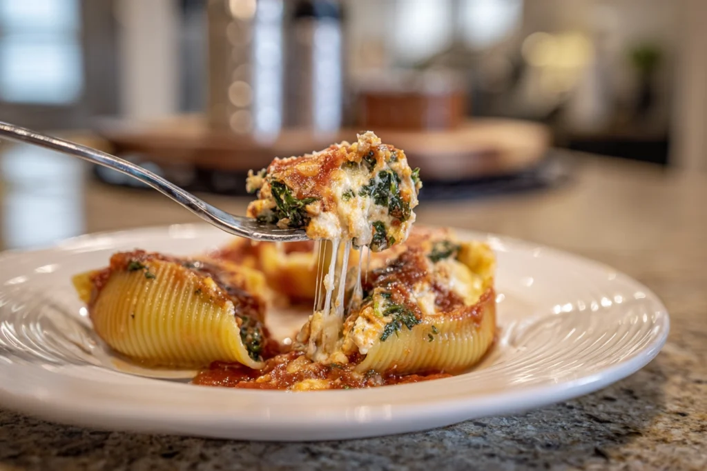 Sun-Dried Tomato Ricotta Stuffed Shells – A Cozy, Flavor-Packed Pasta Dinner 10 Close-up of sun-dried tomato ricotta stuffed shell lifted on fork showing creamy filling