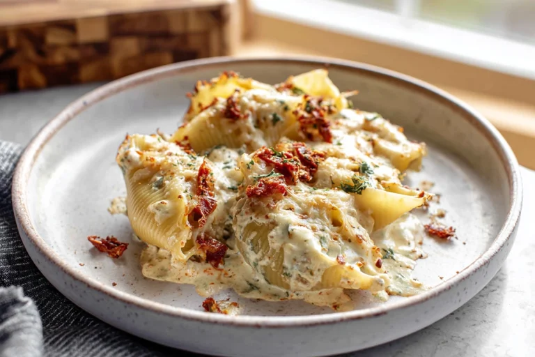 Sun dried tomato ricotta stuffed shells served hot and creamy on a modern ceramic plate
