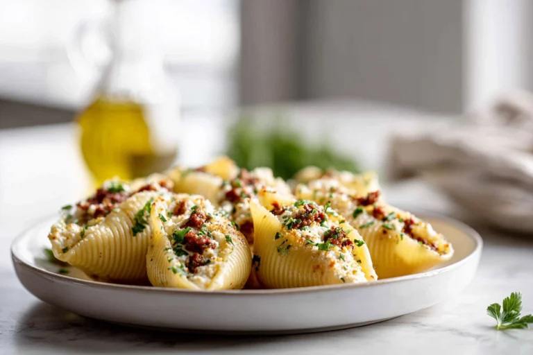 Sun-dried tomato ricotta stuffed shells plated on marble countertop in modern kitchen