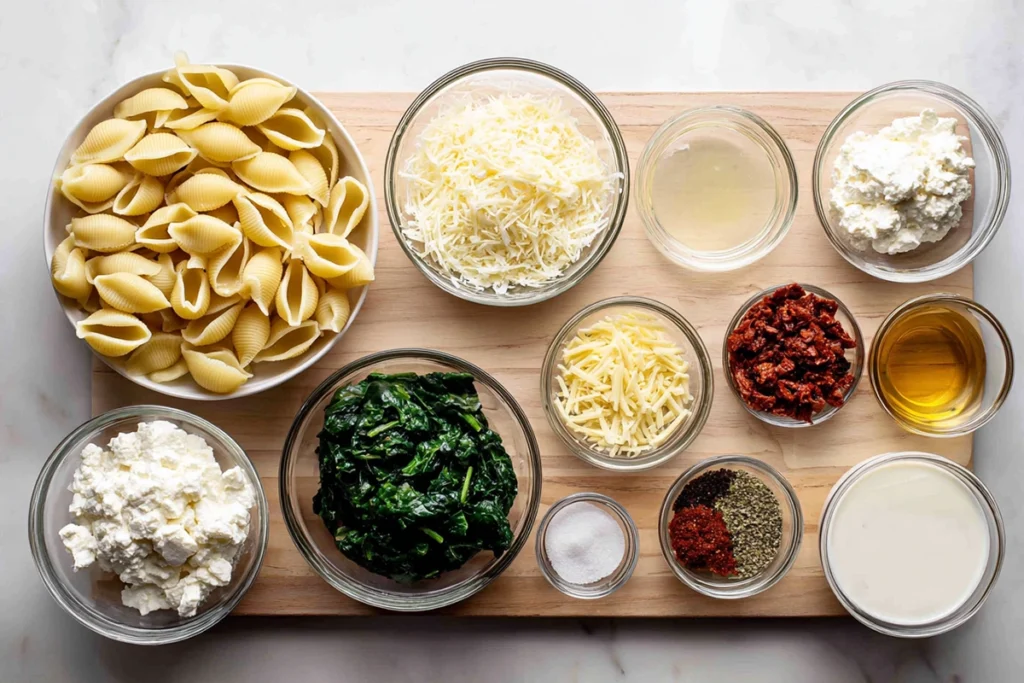 Ingredients for sun dried tomato ricotta stuffed shells arranged neatly overhead