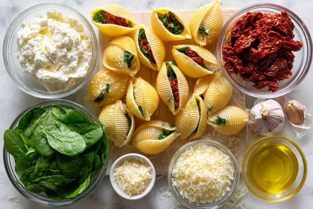 Sun-Dried Tomato Ricotta Stuffed Shells – A Cozy, Flavor-Packed Pasta Dinner 7 verhead photo of ingredients for sun-dried tomato ricotta stuffed shells arranged on wooden board