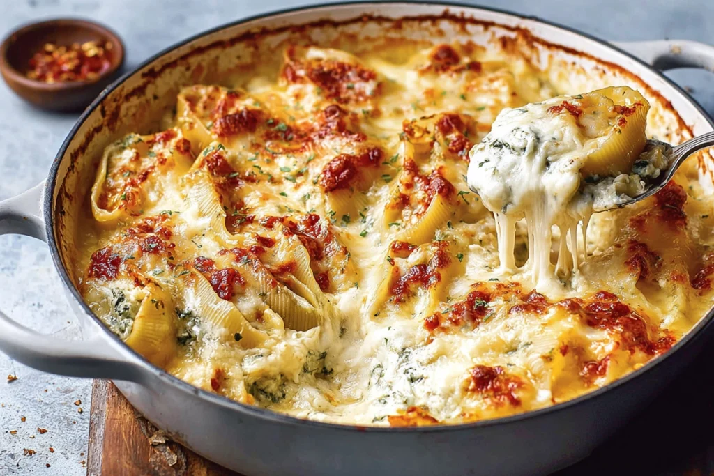 Sun dried tomato ricotta stuffed shells served hot with creamy filling