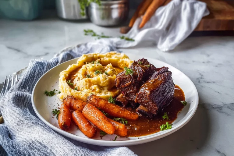 Super Tender Crockpot Beef Short Ribs: Fall-Off-The-Bone Comfort Food 14 super tender crockpot beef short ribs plated with mashed potatoes and gravy in modern kitchen setting