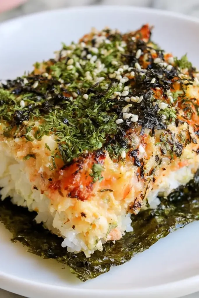 Sushi Bake: A Warm, Creamy California Roll Casserole 2 Layered Sushi Bake with Creamy Crab, Rice, Furikake, and Nori