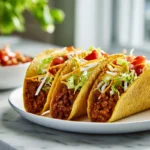 How to Make the Best Recipe for Taco Bell Taco Meat at Home 7 Homemade Taco Bell taco meat on crispy taco shells, garnished with cheese, lettuce, and tomatoes in a bright modern kitchen setting.