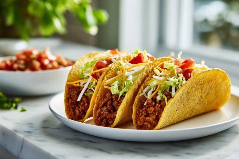 Homemade Taco Bell taco meat on crispy taco shells, garnished with cheese, lettuce, and tomatoes in a bright modern kitchen setting.