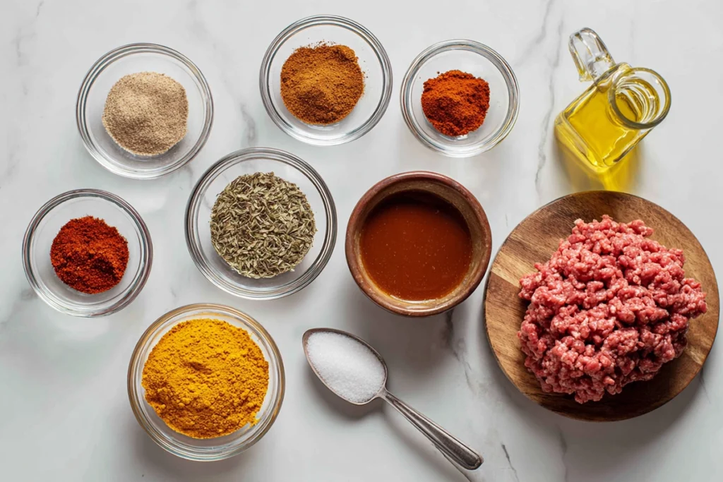 How to Make the Best Recipe for Taco Bell Taco Meat at Home 8 Overhead view of ingredients for Taco Bell taco meat recipe, including ground beef, spices, tomato paste, and broth on a marble countertop.