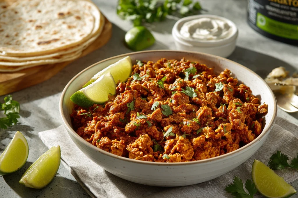 How to Make the Best Recipe for Taco Bell Taco Meat at Home 10 Vegan version of Taco Bell taco meat made with plant-based crumbles, served with lime and cilantro in a bright kitchen.