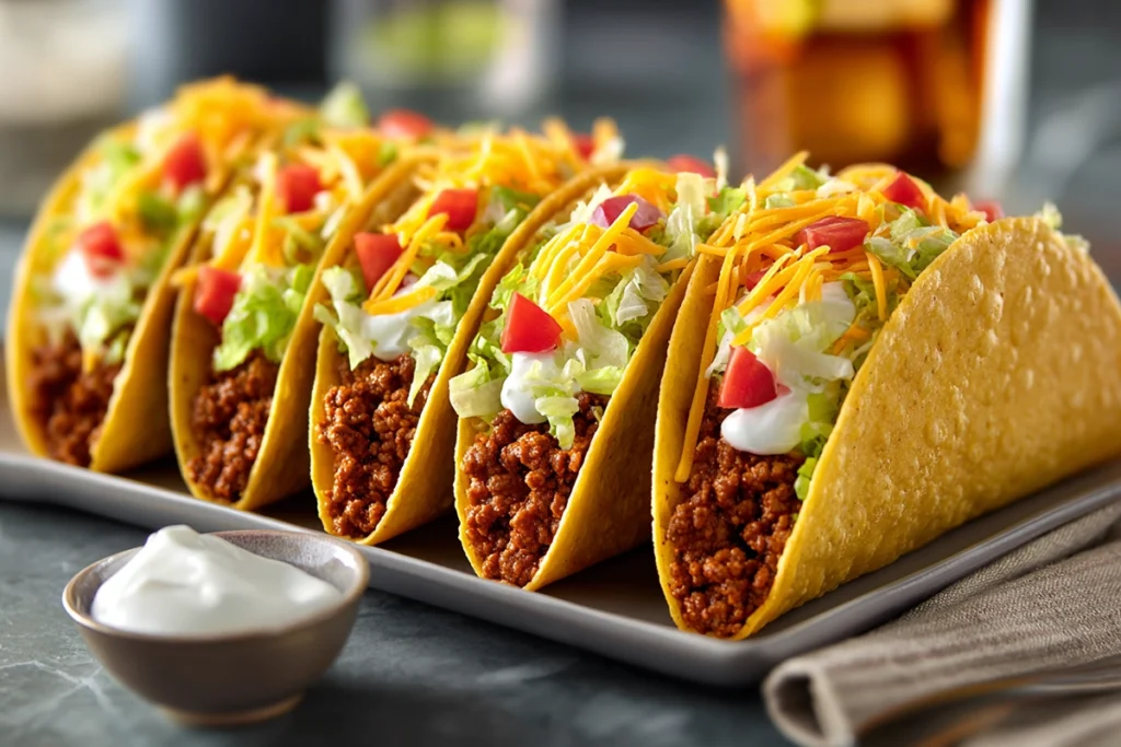 How to Make the Best Recipe for Taco Bell Taco Meat at Home 11 Assembled tacos filled with homemade Taco Bell taco meat, topped with lettuce, cheese, and tomatoes on a modern kitchen counter.