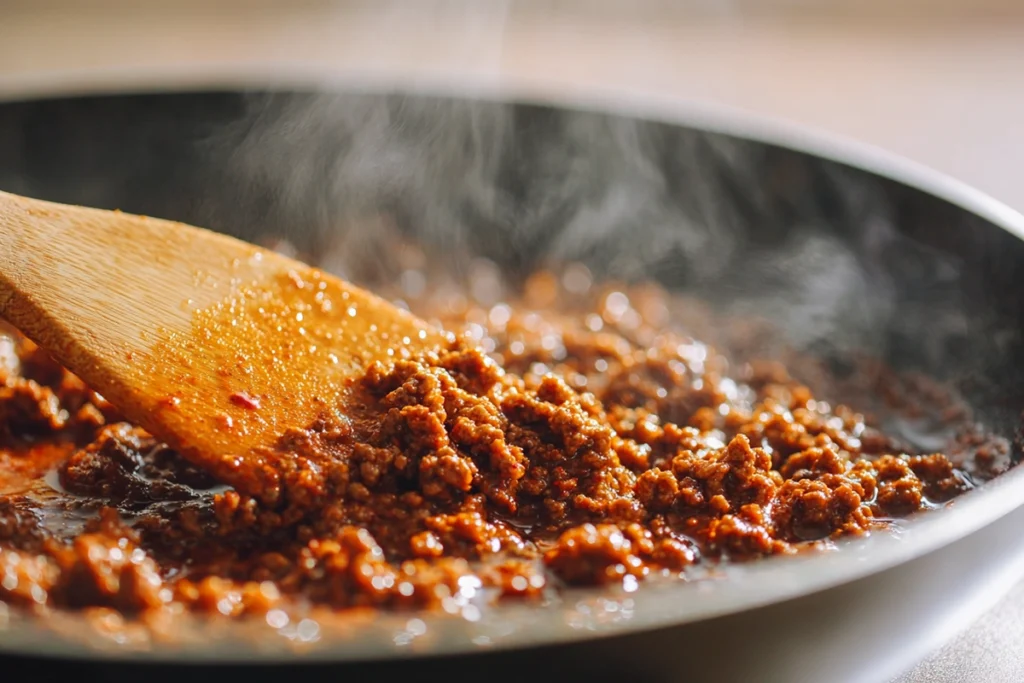 How to Make the Best Recipe for Taco Bell Taco Meat at Home 9 Taco Bell taco meat cooking in a skillet with visible steam and glossy texture under bright natural light.
