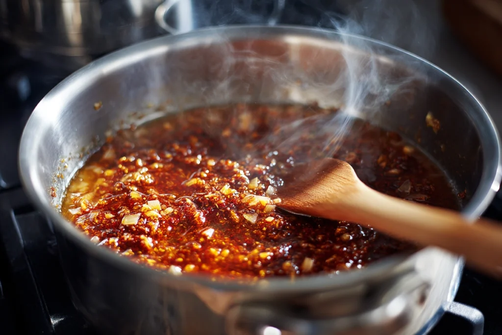 Thai Chicken Curry Soup – A Cozy Bowl of Coconut Comfort with Bold Thai Flavors 9 Close-up of red curry paste, garlic, and onions sautéing in a pot for Thai Chicken Curry Soup under natural daylight.