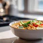 Thai Chicken Curry Soup – A Cozy Bowl of Coconut Comfort with Bold Thai Flavors 7 Photorealistic Thai Chicken Curry Soup in a modern kitchen, featuring creamy coconut broth, chicken, and herbs in natural daylight.