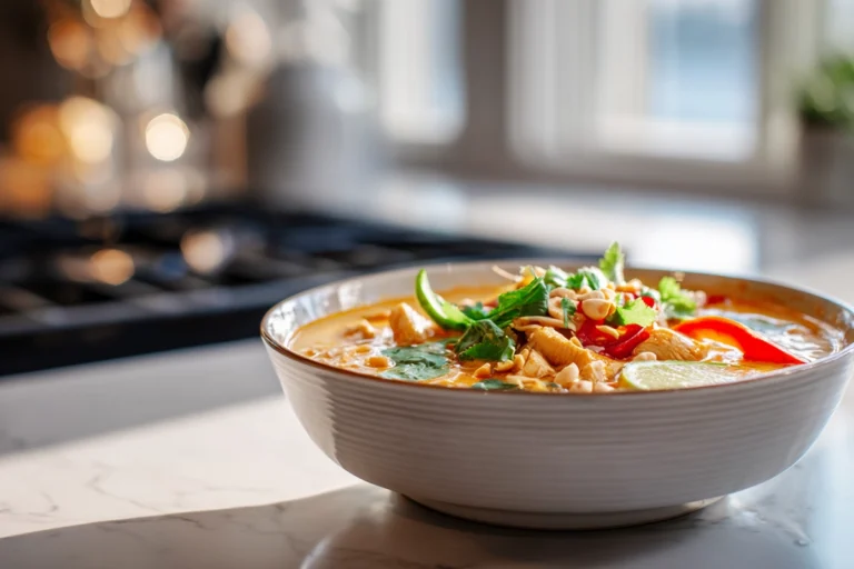 Photorealistic Thai Chicken Curry Soup in a modern kitchen, featuring creamy coconut broth, chicken, and herbs in natural daylight.