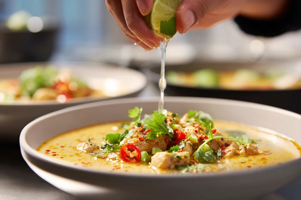 Thai Chicken Curry Soup – A Cozy Bowl of Coconut Comfort with Bold Thai Flavors 10 Hand garnishing Thai Chicken Curry Soup with lime juice in a bright modern kitchen, showing creamy broth and herbs.