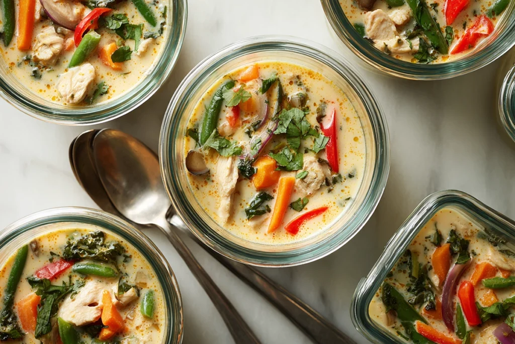Thai Chicken Curry Soup – A Cozy Bowl of Coconut Comfort with Bold Thai Flavors 11 Meal prep containers filled with Thai Chicken Curry Soup on a marble countertop, ready for storage or reheating.