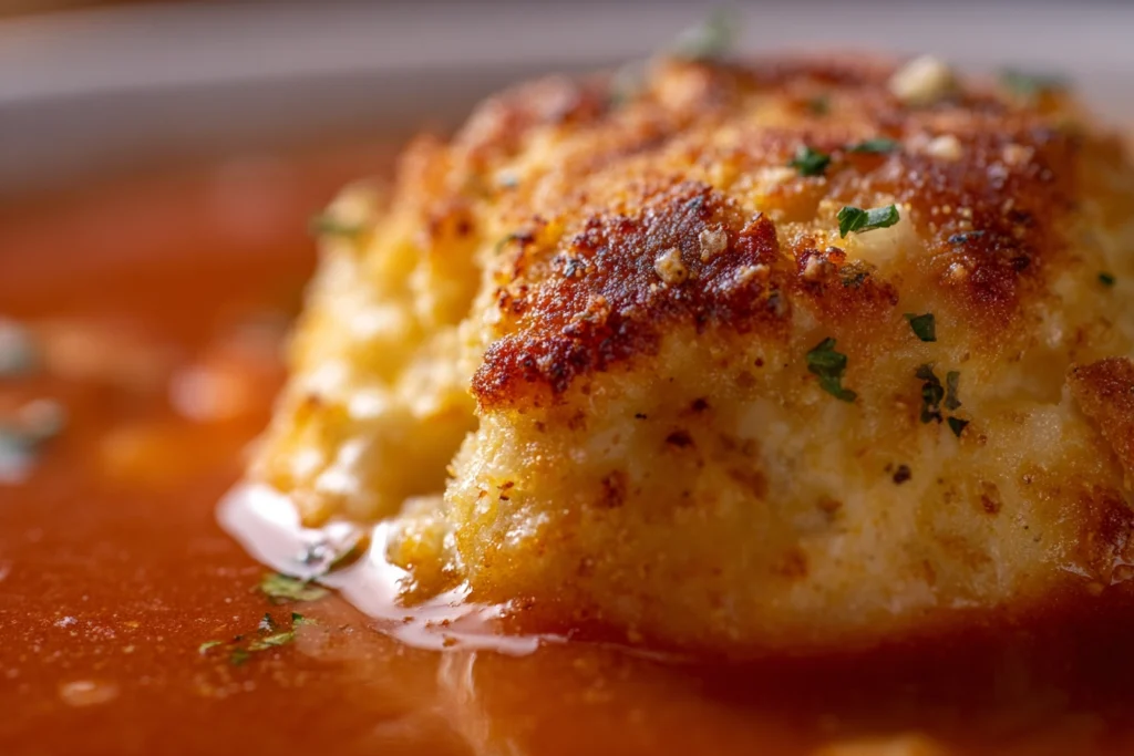 macro photo showing texture of cheddar bay dumpling in tomato soup
