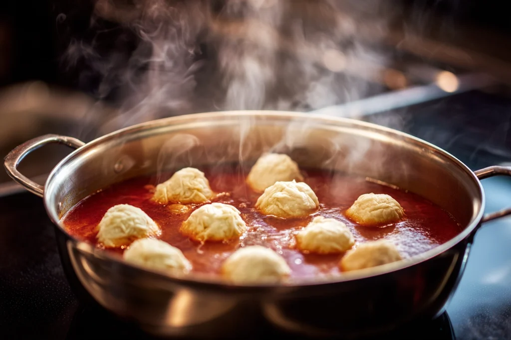 spoonfuls of cheddar bay dumplings being dropped into tomato soup