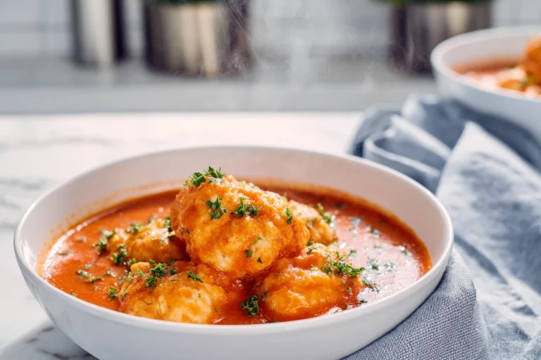 photorealistic bowl of tomato soup with cheddar bay dumplings in a modern kitchen