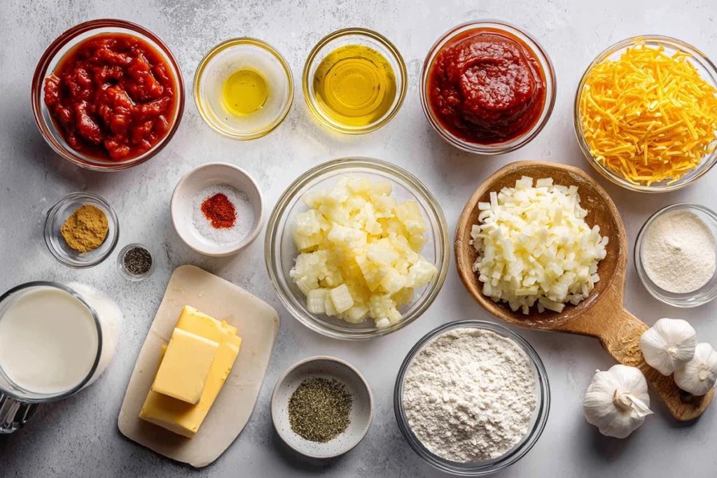Ingredients for tomato soup with cheddar bay dumplings arranged overhead