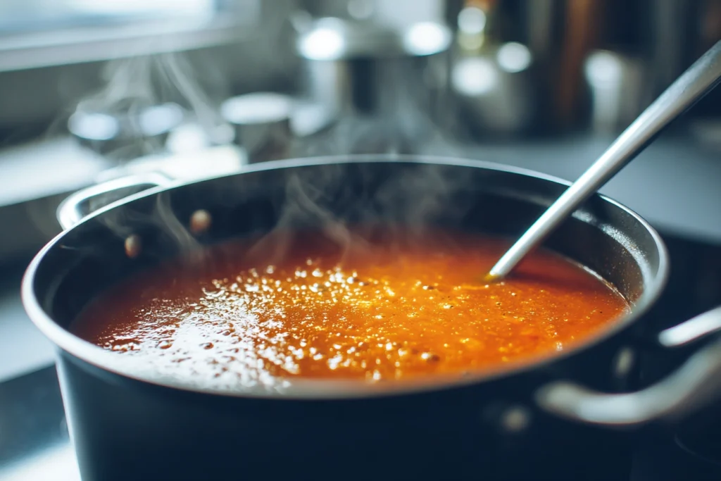 close-up of tomato soup simmering in a modern saucepan before adding cheddar bay dumplings