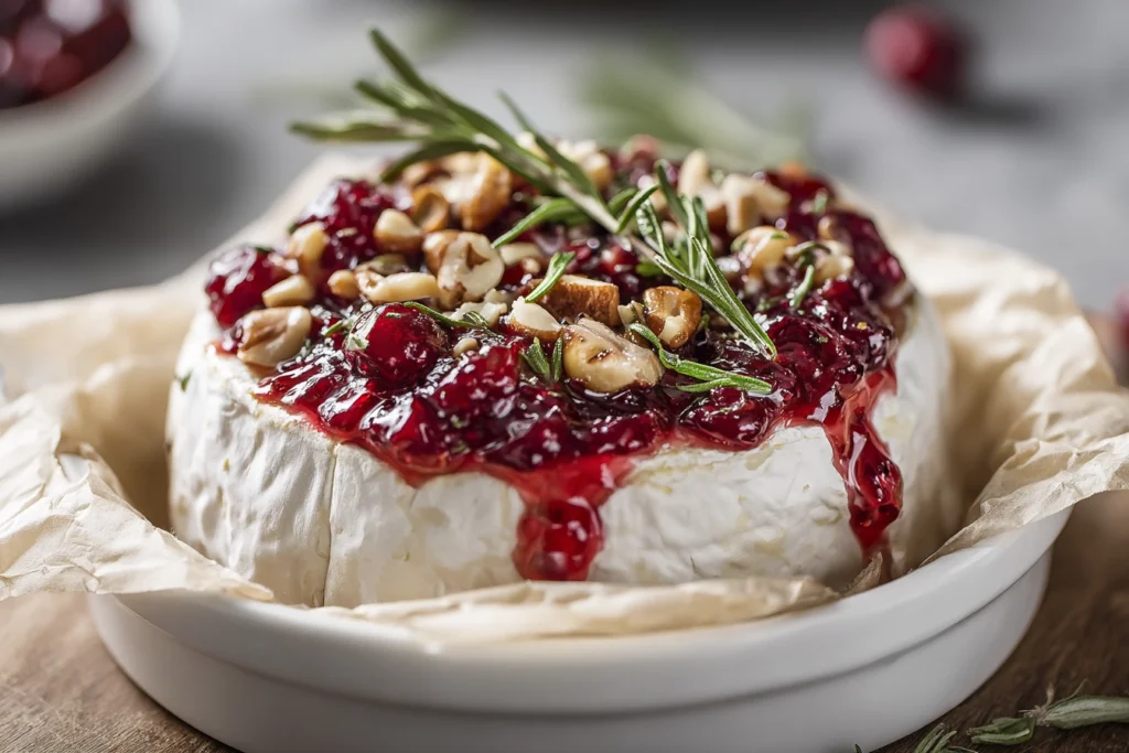 Baked Brie with Cranberry Sauce – The Holiday Appetizer Everyone Falls For 9 brie cheese topped with cranberry sauce and nuts before baking in modern kitchen
