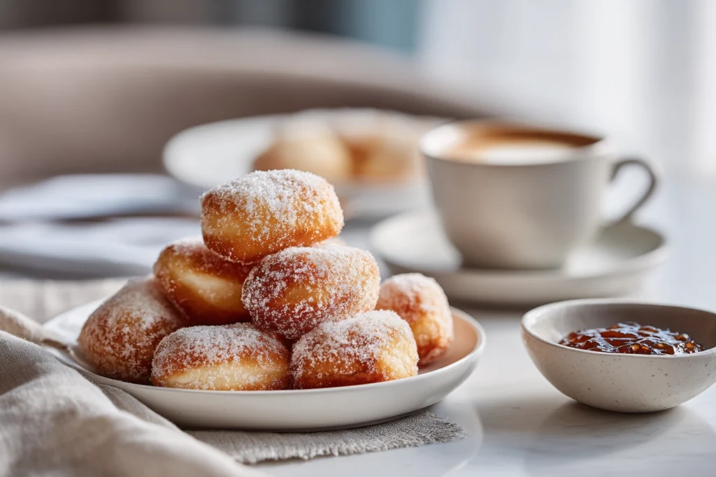 Vanilla French Beignets: Light, Airy, and Irresistibly Golden 10 vanilla French beignets served with café au lait and jam on modern brunch table