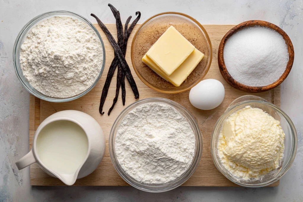 Vanilla French Beignets: Light, Airy, and Irresistibly Golden 7 overhead shot of vanilla French beignets ingredients neatly arranged in glass bowls on a wooden board