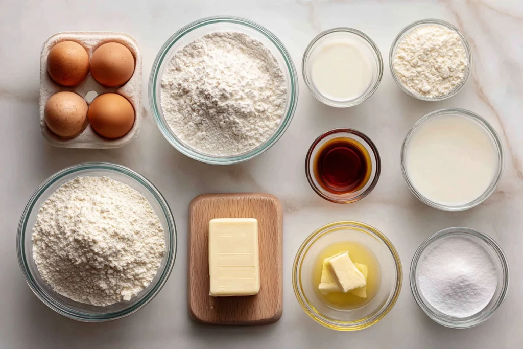 Ingredients for vanilla French beignets arranged neatly in glass bowls on a light surface
