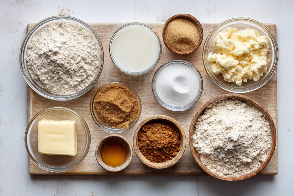 Fluffy Vegan Cinnamon Roll Pancakes That Taste Like a Cozy Morning Hug 7 overhead shot of vegan cinnamon roll pancake ingredients in glass bowls on wooden board