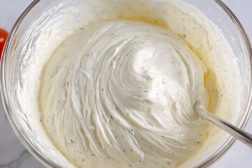 Creamy base being mixed for Copycat Hidden Valley Ranch Dressing
