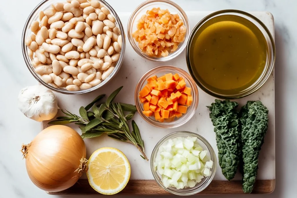 overhead shot of white bean soup ingredients including white beans, carrots, celery, garlic, and kale