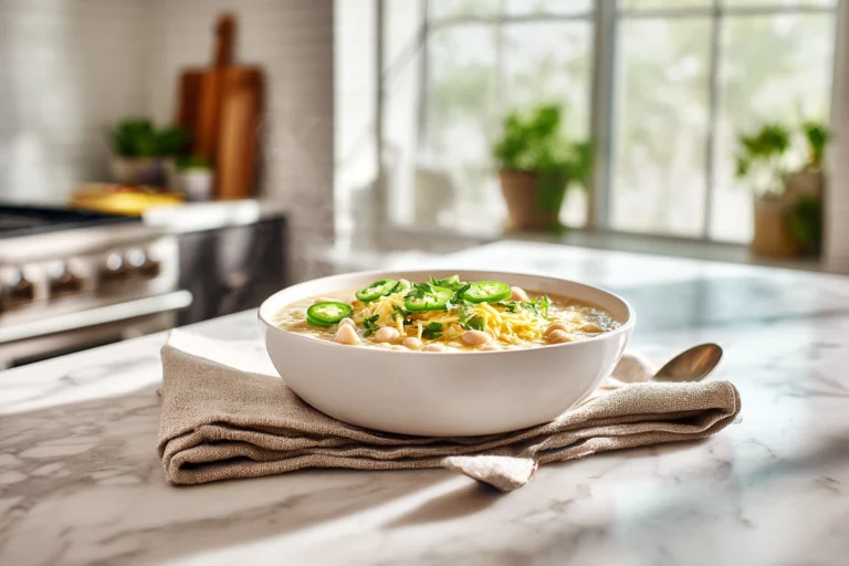 Creamy white chicken chili topped with cheese, cilantro, and lime in a modern kitchen setting.
