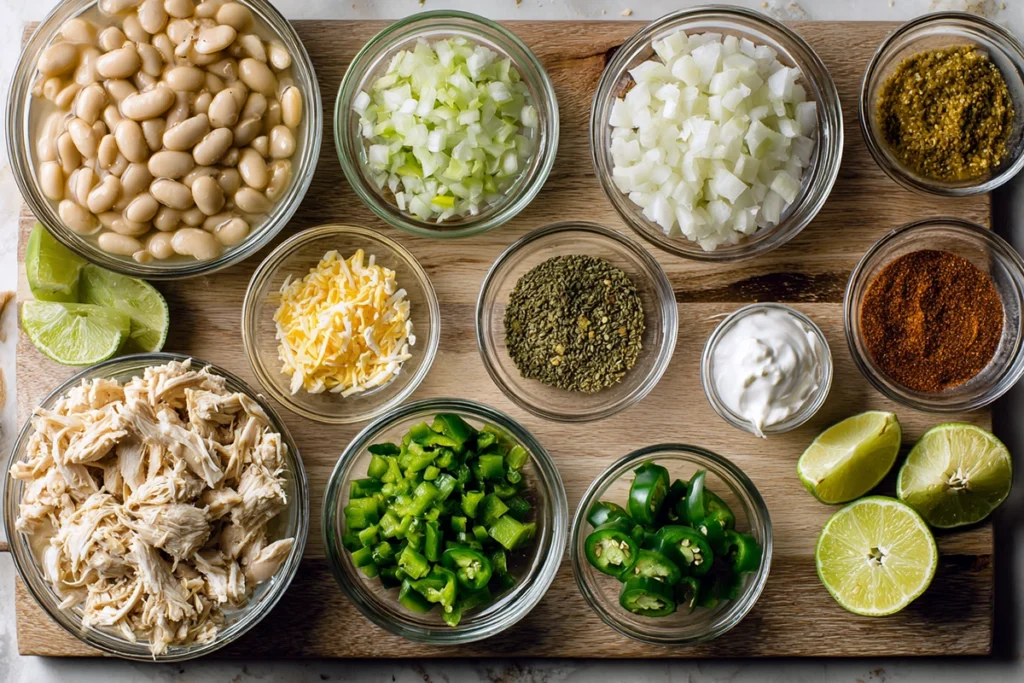 White Chicken Chili: The Creamy, Cozy Bowl You’ll Crave All Season 8 Overhead view of white chicken chili ingredients including white beans, chicken, chiles, and spices arranged on a wooden board.