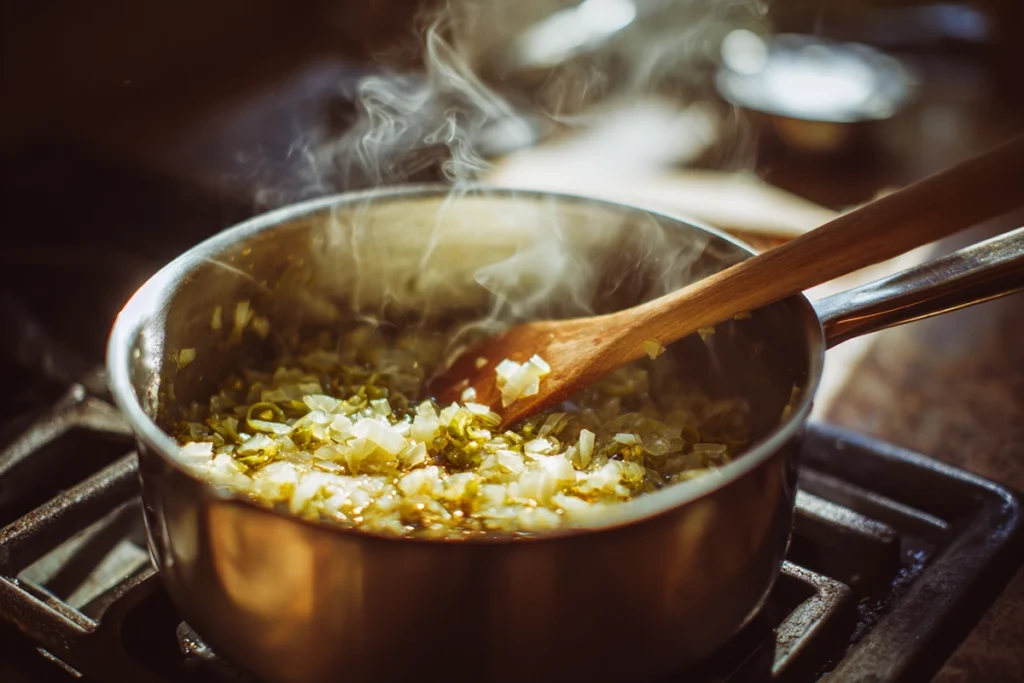 White Chicken Chili: The Creamy, Cozy Bowl You’ll Crave All Season 9 Onions, garlic, and jalapeños sautéing in a pot for white chicken chili under natural light.