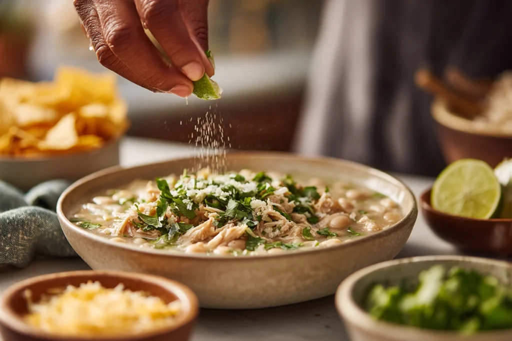 White Chicken Chili: The Creamy, Cozy Bowl You’ll Crave All Season 10 Hand garnishing a bowl of white chicken chili with cilantro and lime in a bright kitchen.
