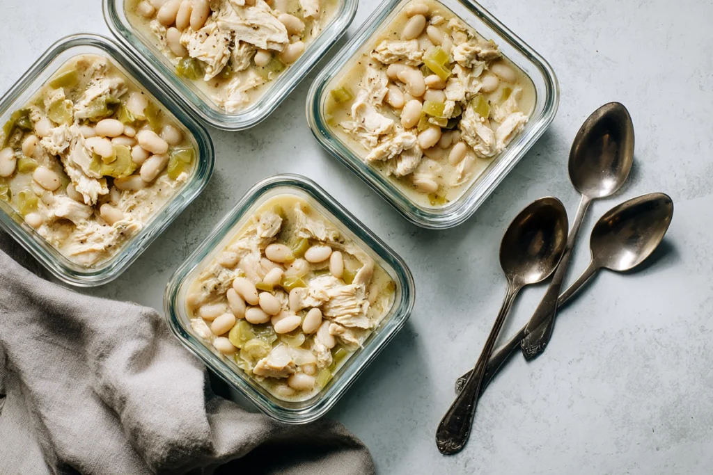 White Chicken Chili: The Creamy, Cozy Bowl You’ll Crave All Season 11 Meal prep containers filled with white chicken chili portions on a modern kitchen counter.