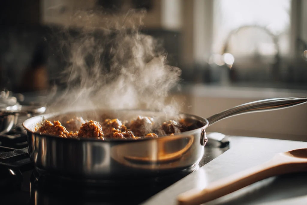 The Ultimate Zuppa Soup Recipe: A Cozy Tuscan Classic You’ll Crave All Year 9 Browning Italian sausage in a stainless-steel pot for creamy Zuppa Soup under bright natural light.