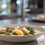 The Ultimate Zuppa Soup Recipe: A Cozy Tuscan Classic You’ll Crave All Year 7 Creamy Zuppa Soup with sausage, potatoes, and kale in a bright modern kitchen setting.