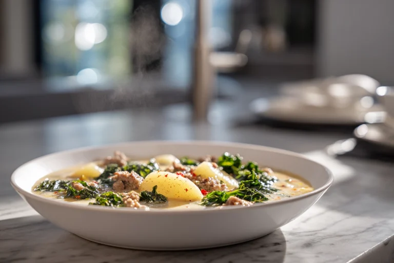 The Ultimate Zuppa Soup Recipe: A Cozy Tuscan Classic You’ll Crave All Year 16 Creamy Zuppa Soup with sausage, potatoes, and kale in a bright modern kitchen setting.