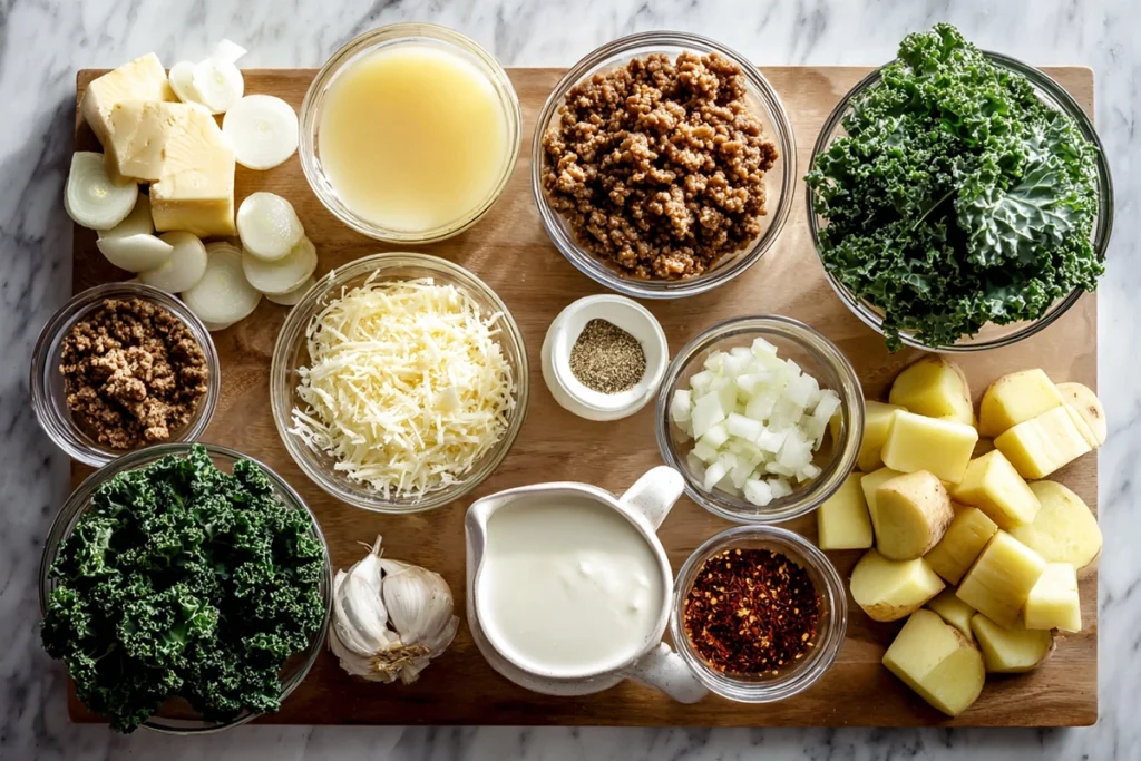The Ultimate Zuppa Soup Recipe: A Cozy Tuscan Classic You’ll Crave All Year 8 Overhead view of Zuppa Soup ingredients including sausage, potatoes, kale, and cream arranged neatly on a modern kitchen counter.