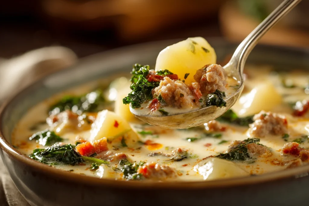 The Ultimate Zuppa Soup Recipe: A Cozy Tuscan Classic You’ll Crave All Year 10 Close-up of creamy Zuppa Soup showing sausage, potatoes, and kale in a rich golden broth.