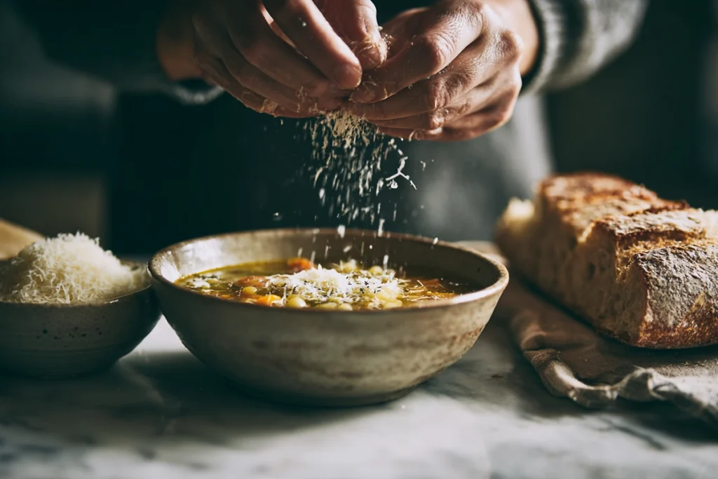 The Ultimate Zuppa Soup Recipe: A Cozy Tuscan Classic You’ll Crave All Year 11 Serving creamy Zuppa Soup with fresh Parmesan garnish in a modern kitchen.