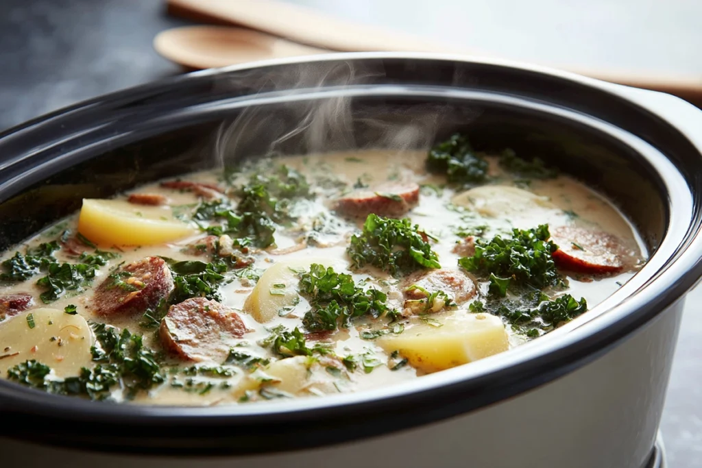 slow cooker filled with simmering zuppa toscana soup with sausage potatoes and kale