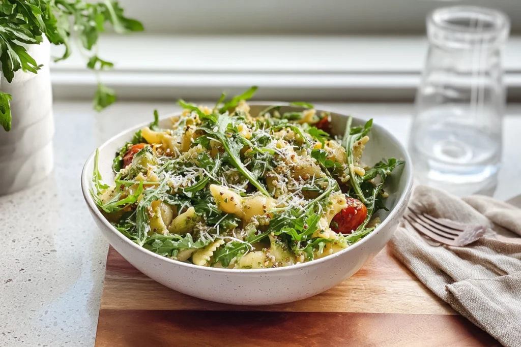 Macro close-up of Lemon Arugula Pasta Salad showing texture and details
