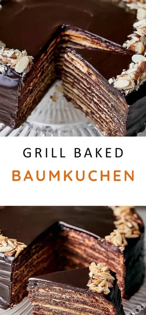Baumkuchen: A Festive Layered Cake Made Under the Grill 2 Baumkuchen recipe with golden layers, chocolate glaze, and toasted almonds