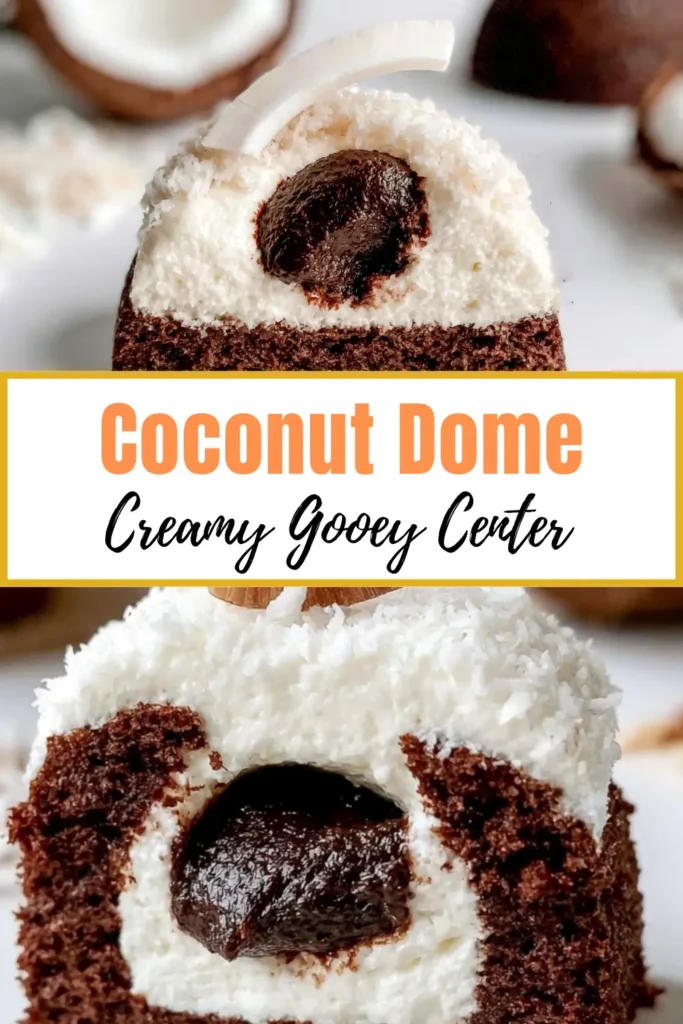 Coconut Dome Recipe with Cocoa Breton Shortbread 2 Coconut Dome recipe with coconut mousse, cocoa Breton shortbread, and a gooey chocolate center