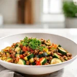 Finished Ground Turkey and Zucchini Skillet served on a modern plate in natural light