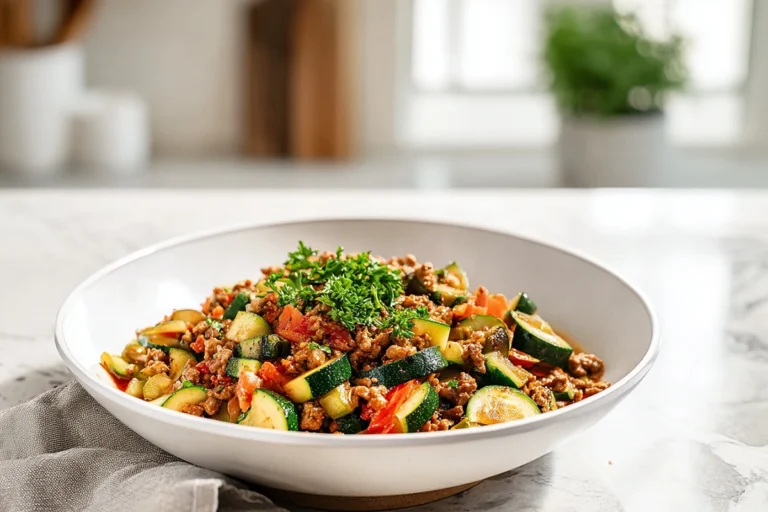 Finished Ground Turkey and Zucchini Skillet served on a modern plate in natural light